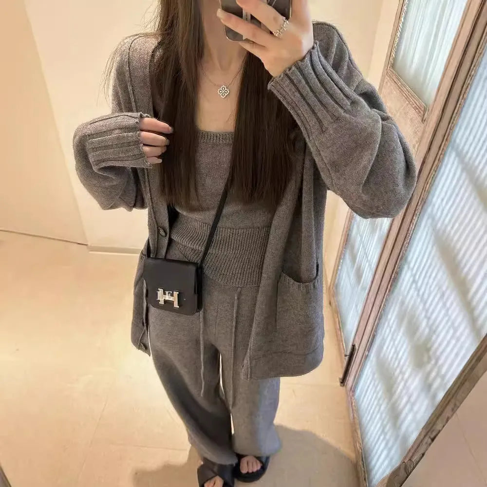 Women's cardigan suspender pants three-piece set in loose Japanese Korean casual style