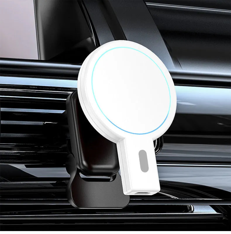 White magnetic wireless charger with compact rectangular design showing USB port