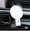 White magnetic wireless charger with compact rectangular design showing USB port