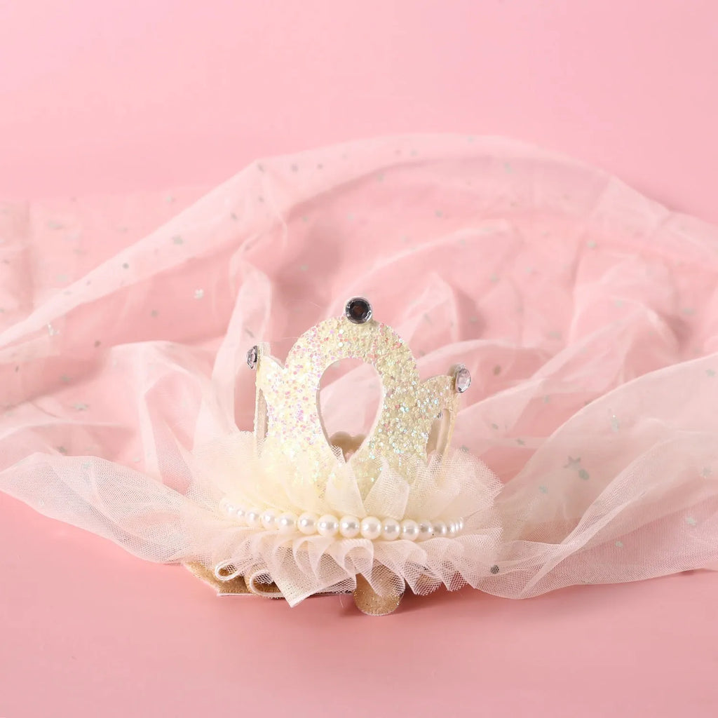 Pet cat wearing princess crown headdress with veil in beige or pink colour option