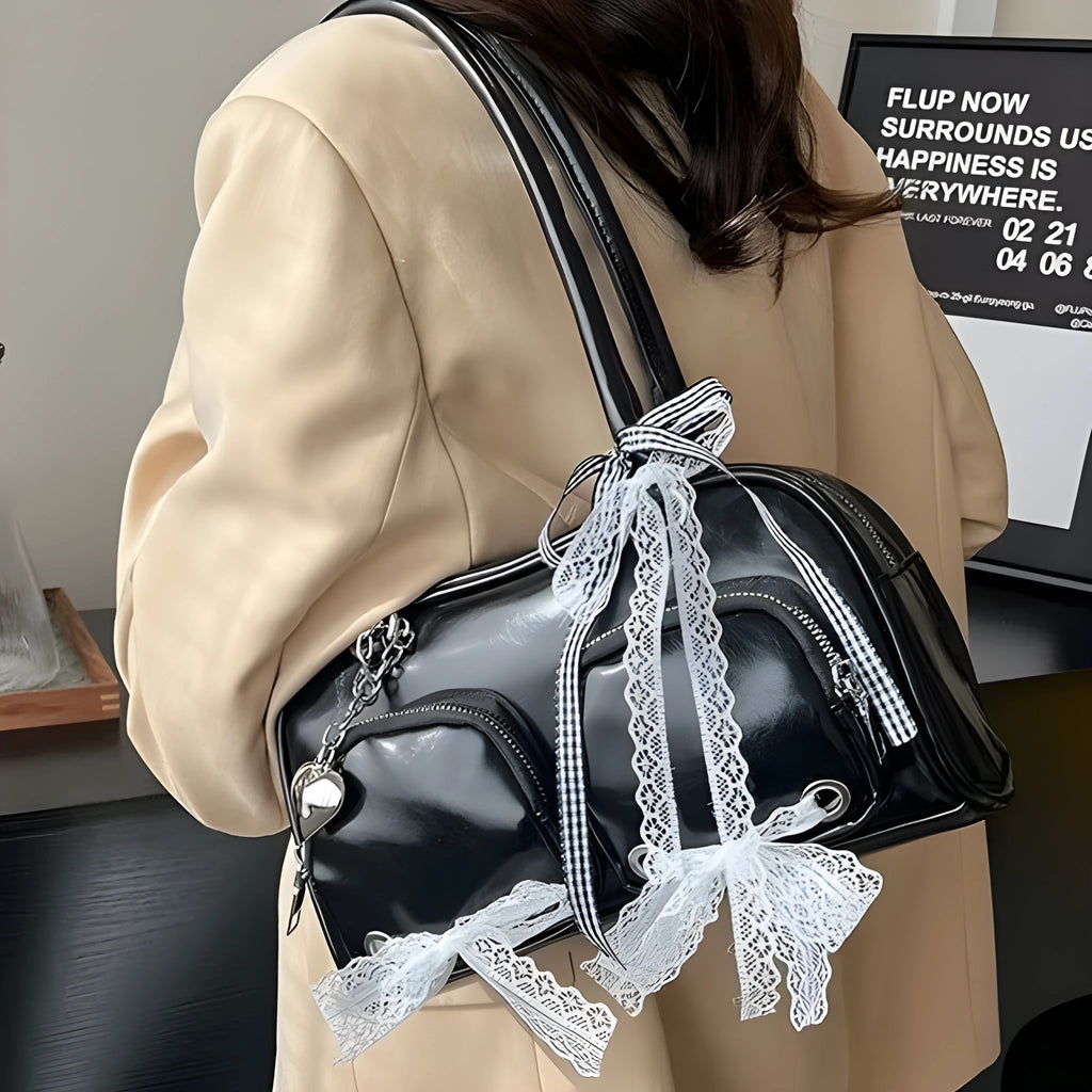 Soft PU horizontal shoulder bag in beige with double straps and interior phone pocket