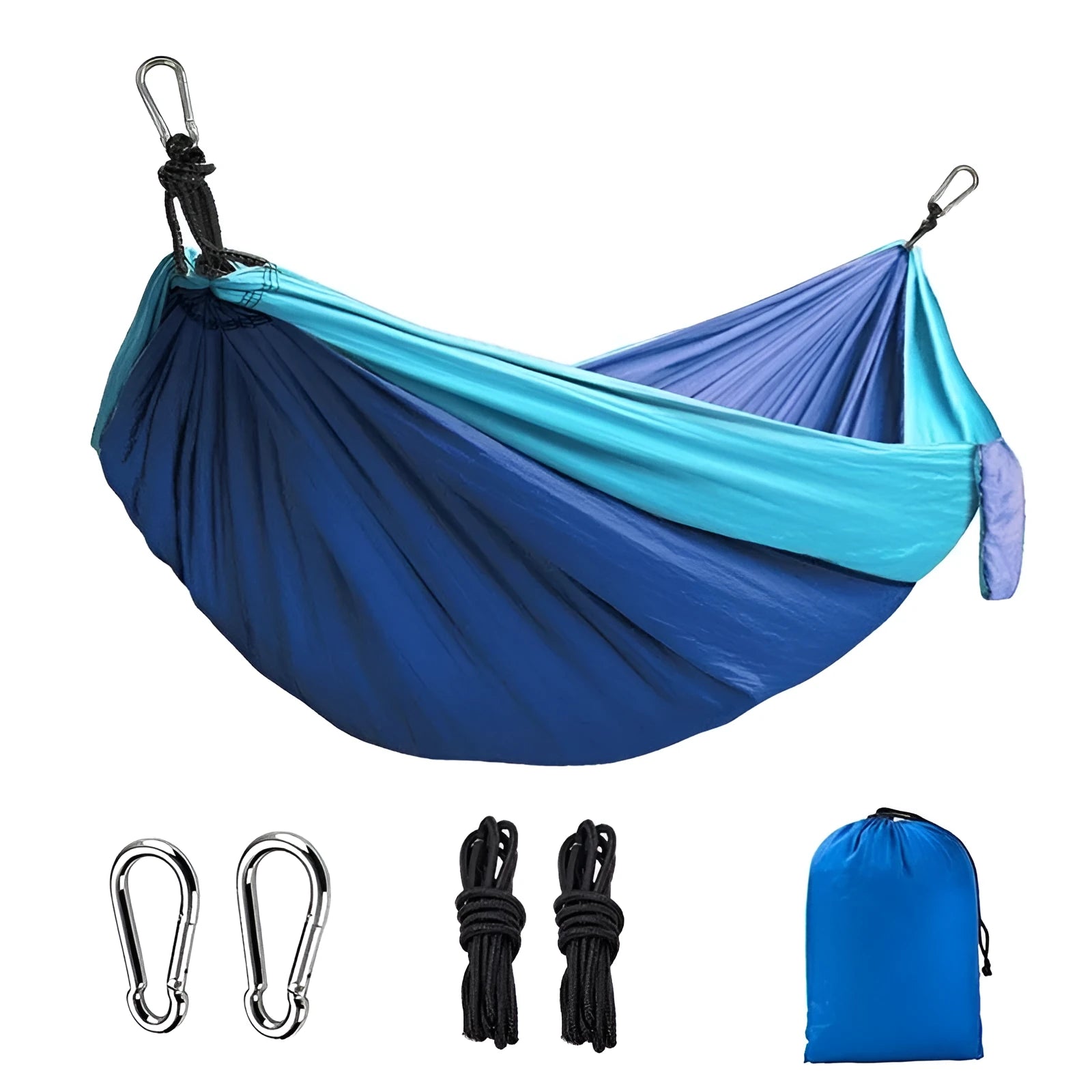 Blue outdoor camping hammock hanging between trees with ropes and carabiners
