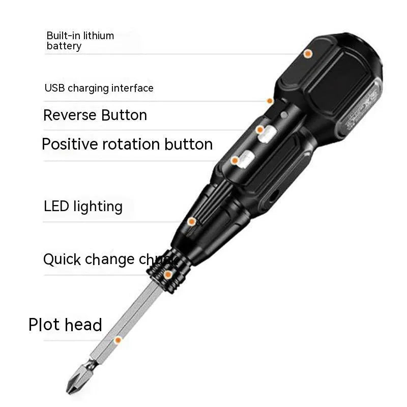 Black and blue alloy steel straight-handle cordless electric screwdriver on a workbench.