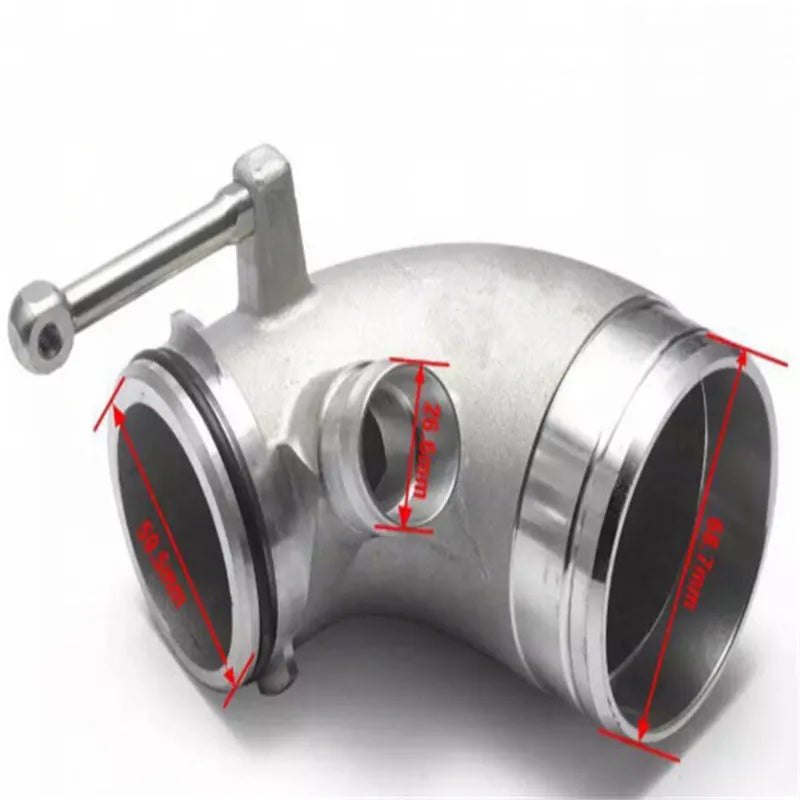 Aluminium alloy 90 degree turbocharger elbow pipe connector for lateral engine positioning