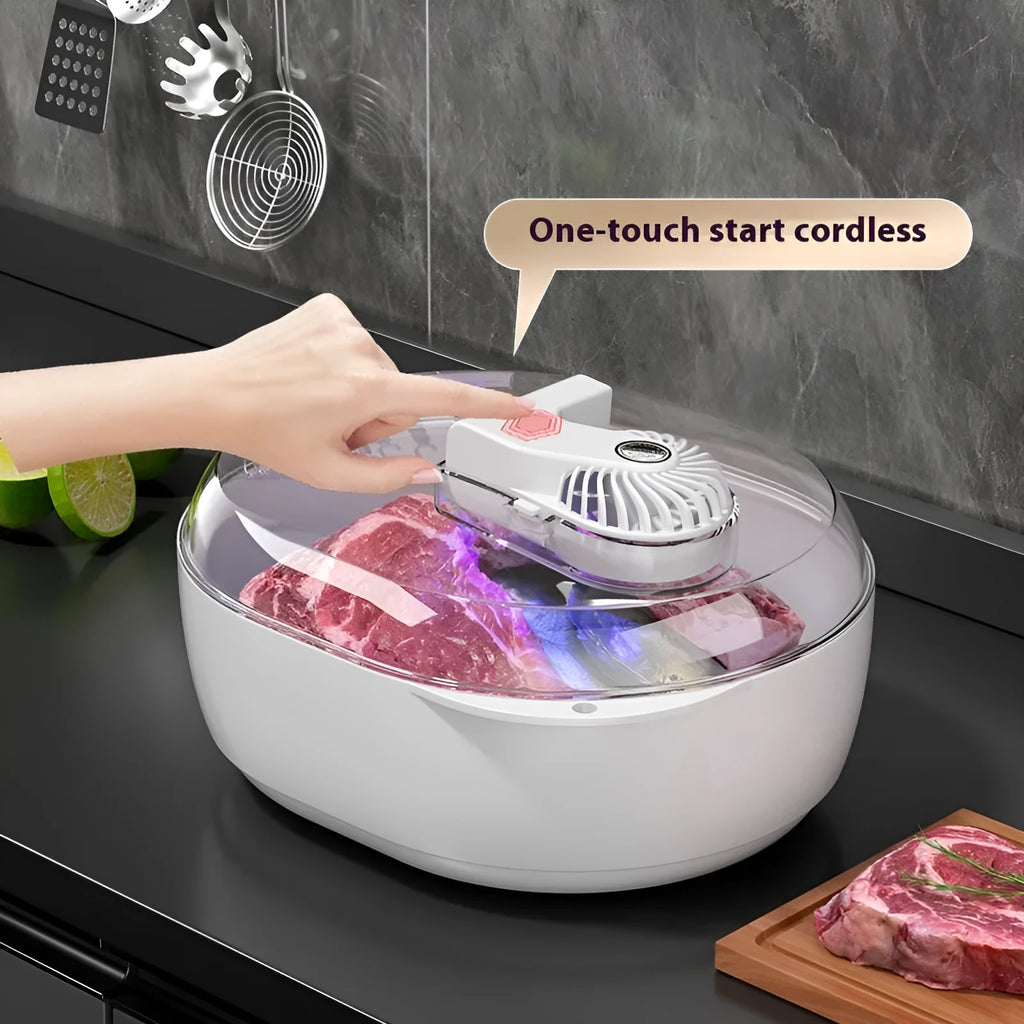 Aluminium household defrosting plate for food on a kitchen countertop.