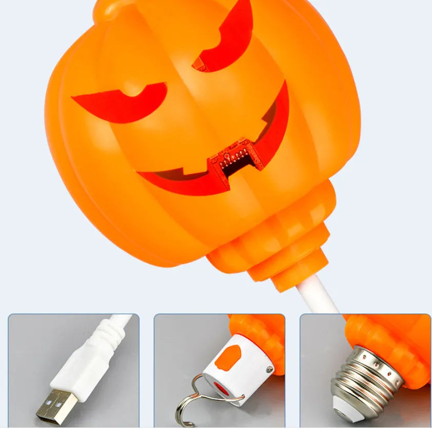 USB-powered plastic pumpkin decorative lamp showing yellow or purple light option