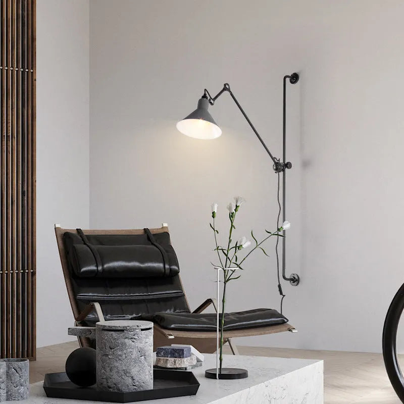 Black rotating rocker arm eye protection wall lamp with plug and Nordic iron lampshade showing warm bulb