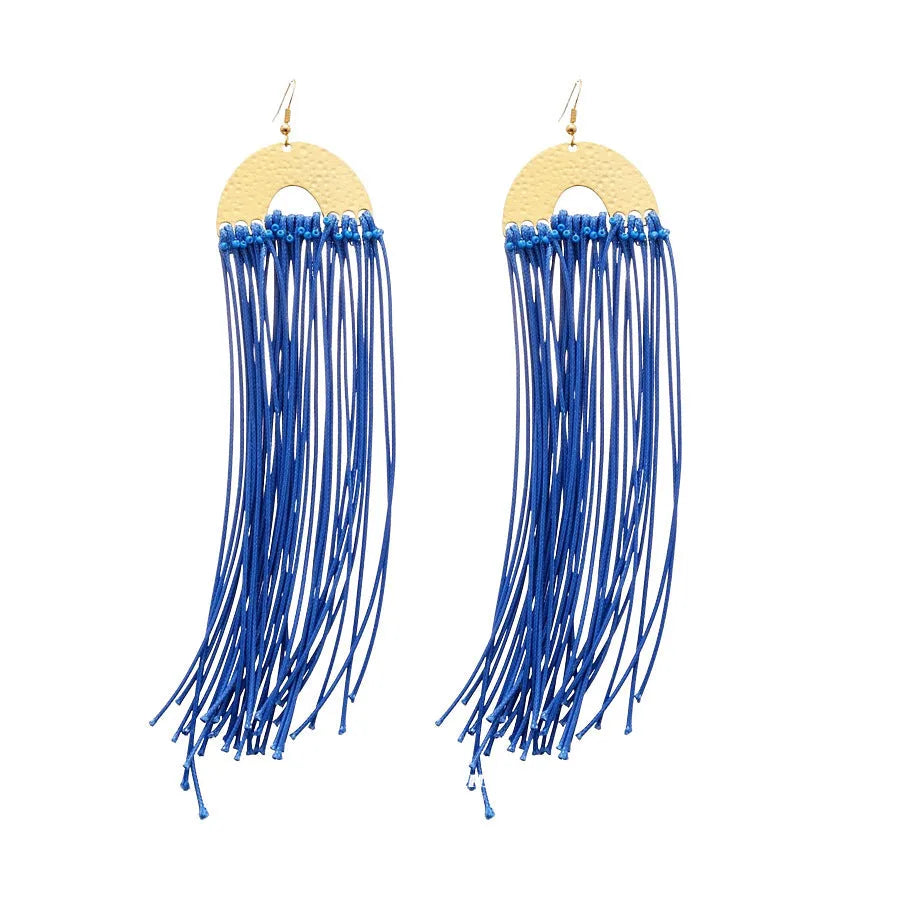 Women's handmade geometric cloth earrings with blue resin flower colour detail
