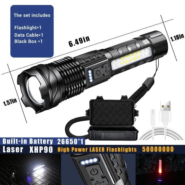 Aluminium alloy 30W LED power torch with telescopic zoom on a dark background