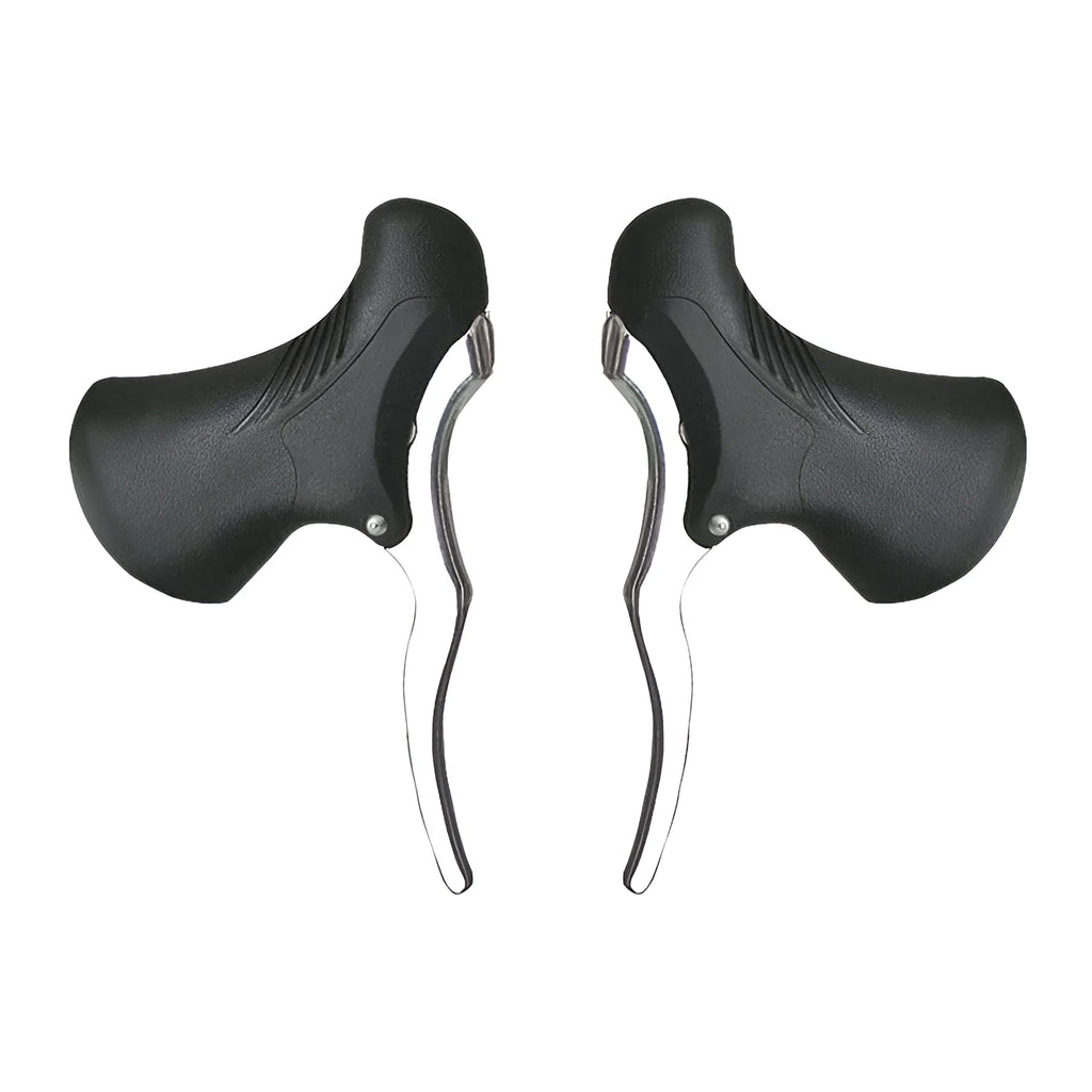 Pair of aluminium alloy road bike brake handles in black silver finish, showing clamp for handlebar.