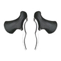 Pair of aluminium alloy road bike brake handles in black silver finish, showing clamp for handlebar.