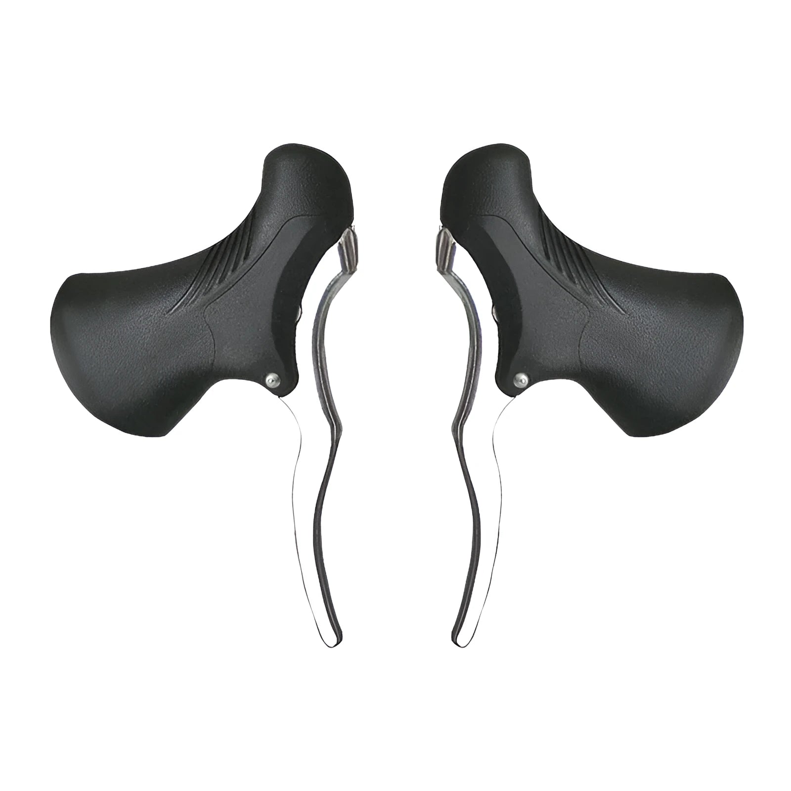 Pair of aluminium alloy road bike brake handles in black silver finish, showing clamp for handlebar.