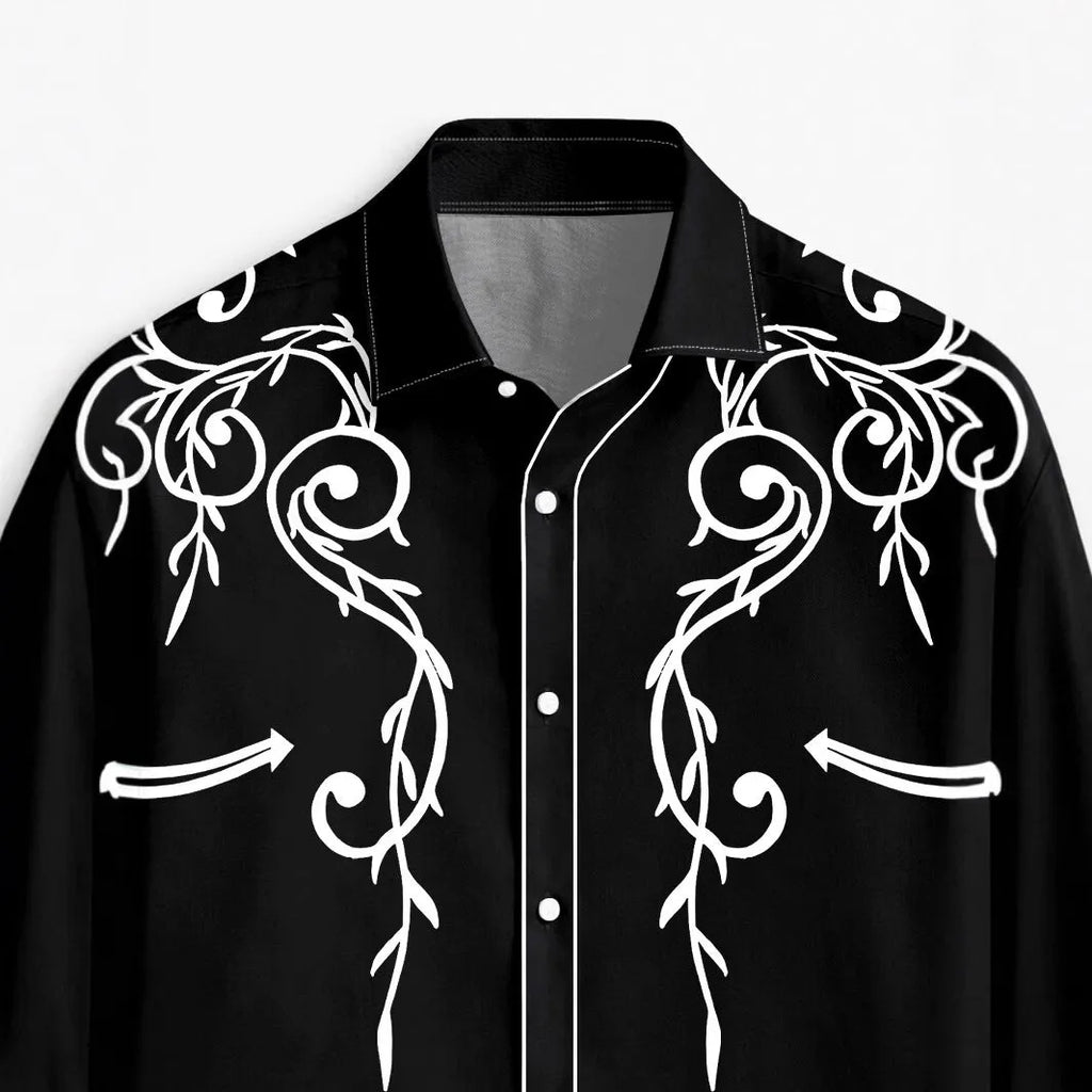 Men's long sleeve cardigan shirt with national style digital print, four-sided elastic fabric, loose fit