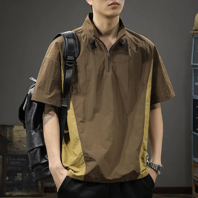 Men's brown ice silk half-zip business casual shirt with stand collar and short sleeves