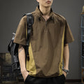 Men's brown ice silk half-zip business casual shirt with stand collar and short sleeves