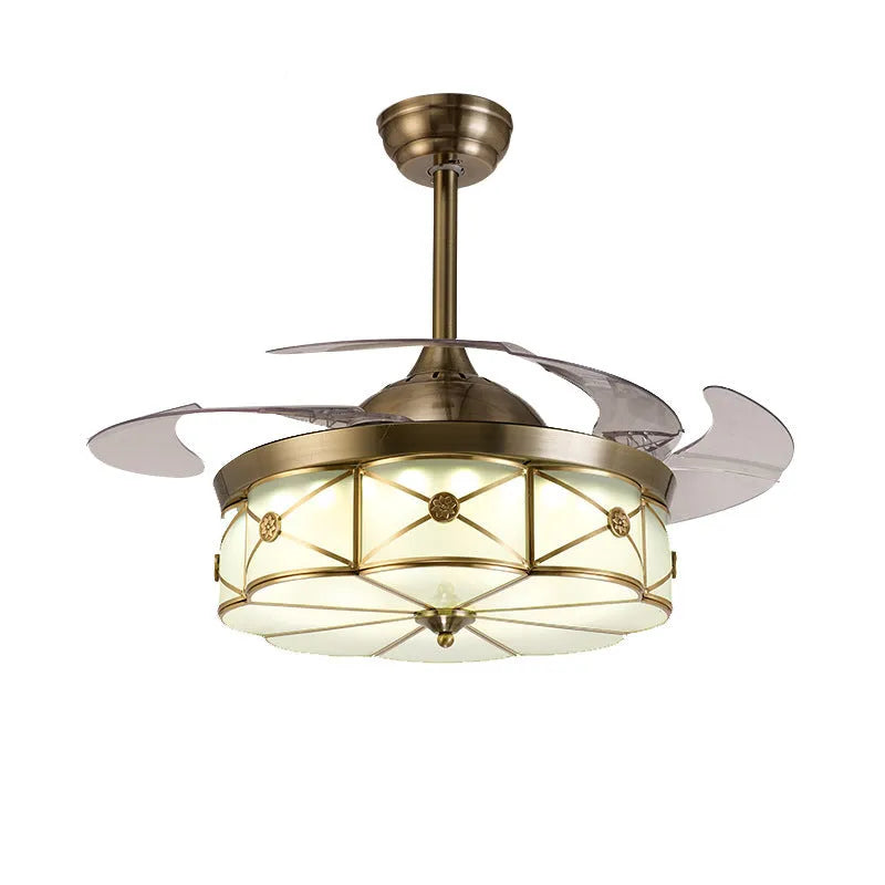 Gold 42 inch ceiling fan light with invisible blades and remote control on a white background