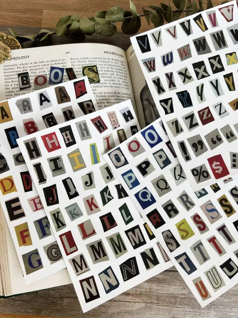 English alphabet and number sticker sheets showing colourful letter sets with cute designs for crafts and labelling