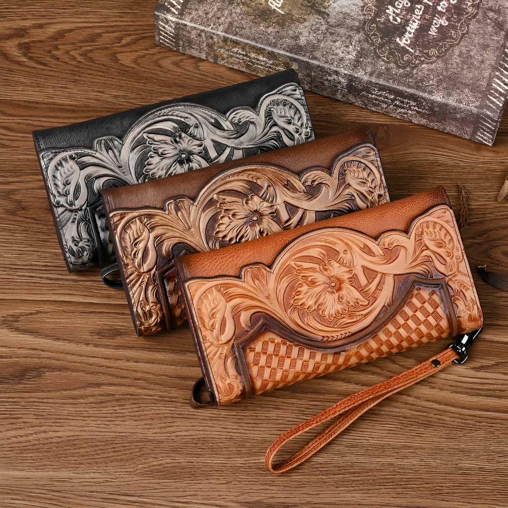 Chinese style embossed floral pattern women's tri-fold wallet in cowhide leather