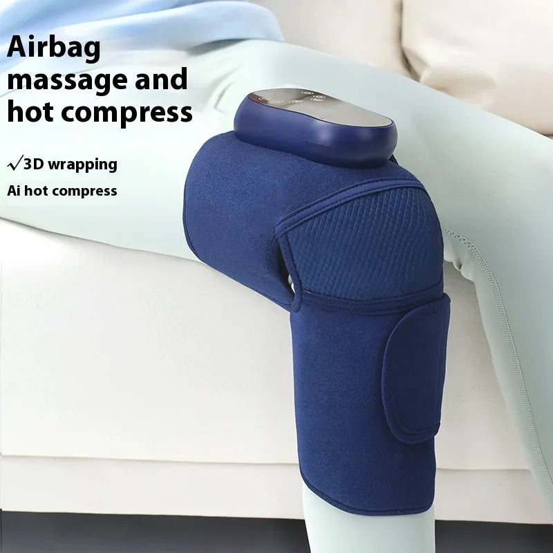 Blue self-heating knee massager with air compression and vibration functions for joint therapy