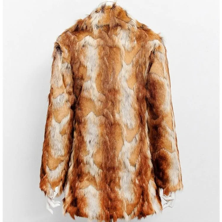 Women's tiger pattern artificial fur leather jacket in medium length 65cm with long sleeves