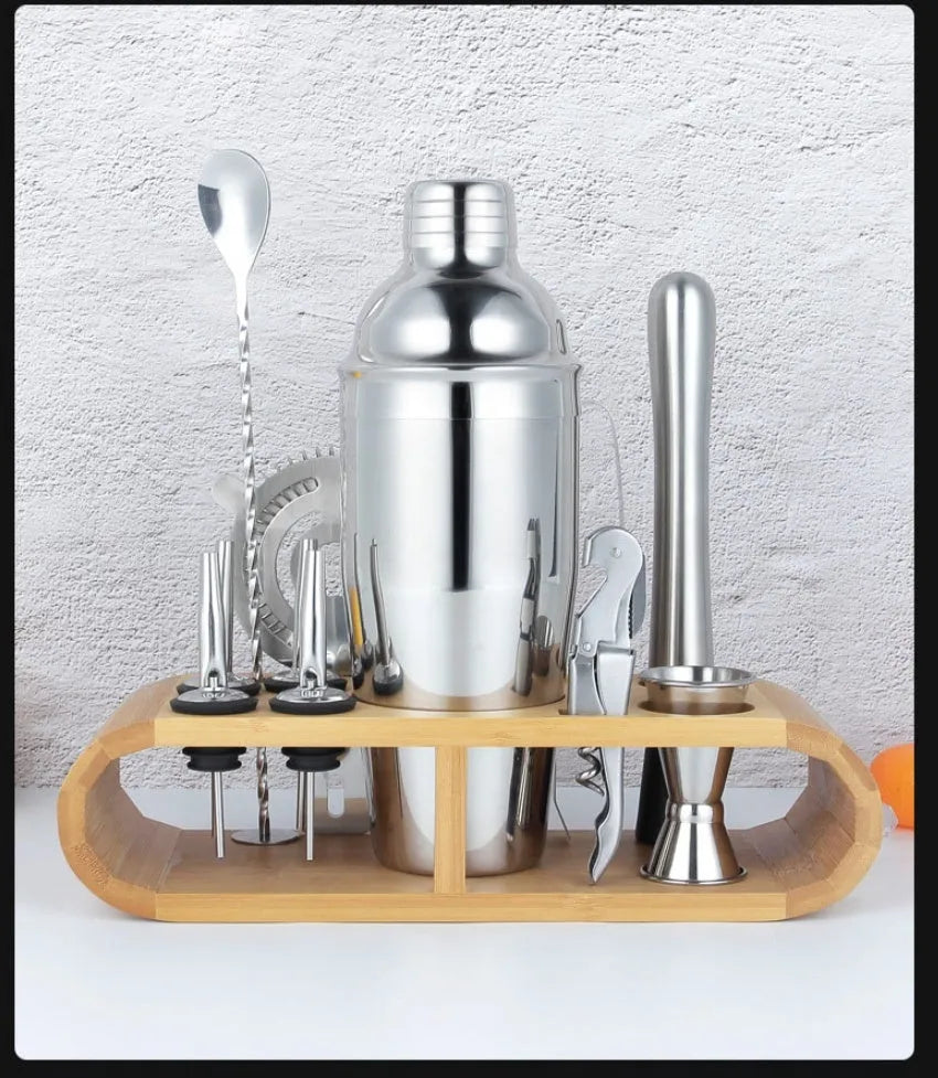23-piece stainless steel bartender cocktail set with acrylic components on counter