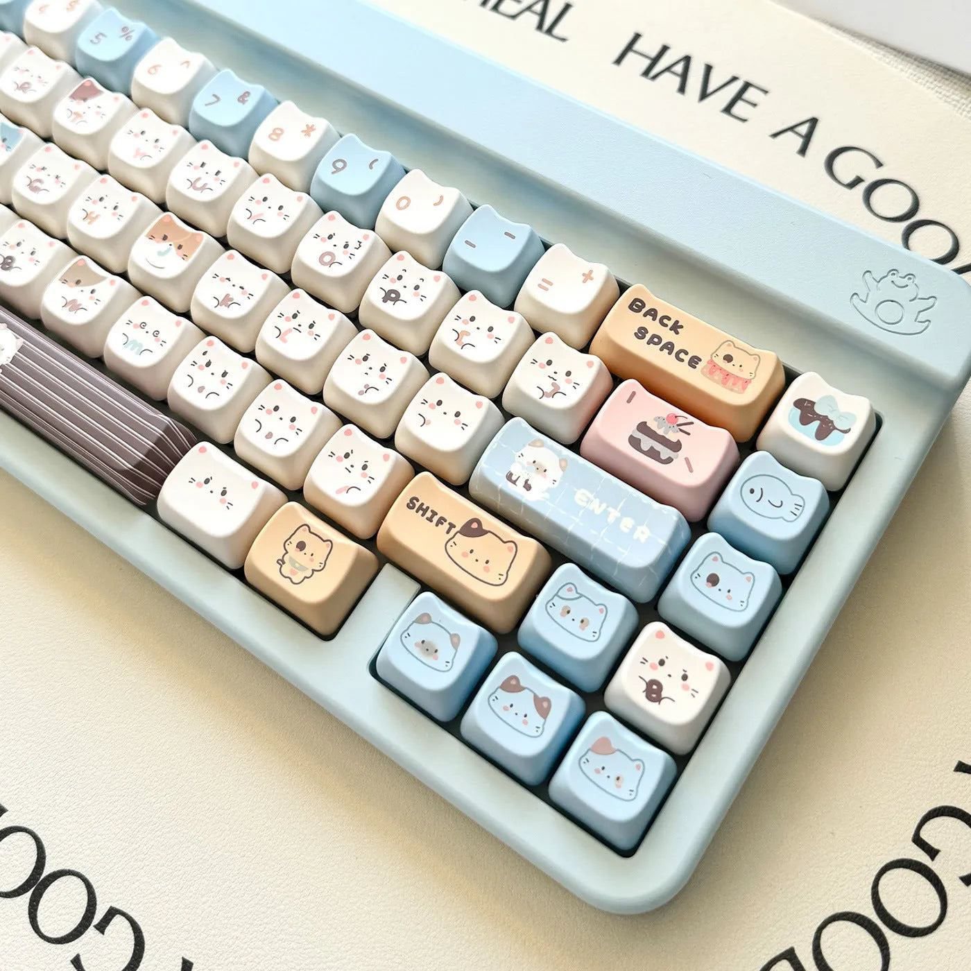 High Sea Salt Cat theme PBT keycap set with 7u March supplements on mechanical keyboard