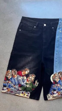 Blue men's casual cotton shorts with a Jesus design printed on the back pocket.