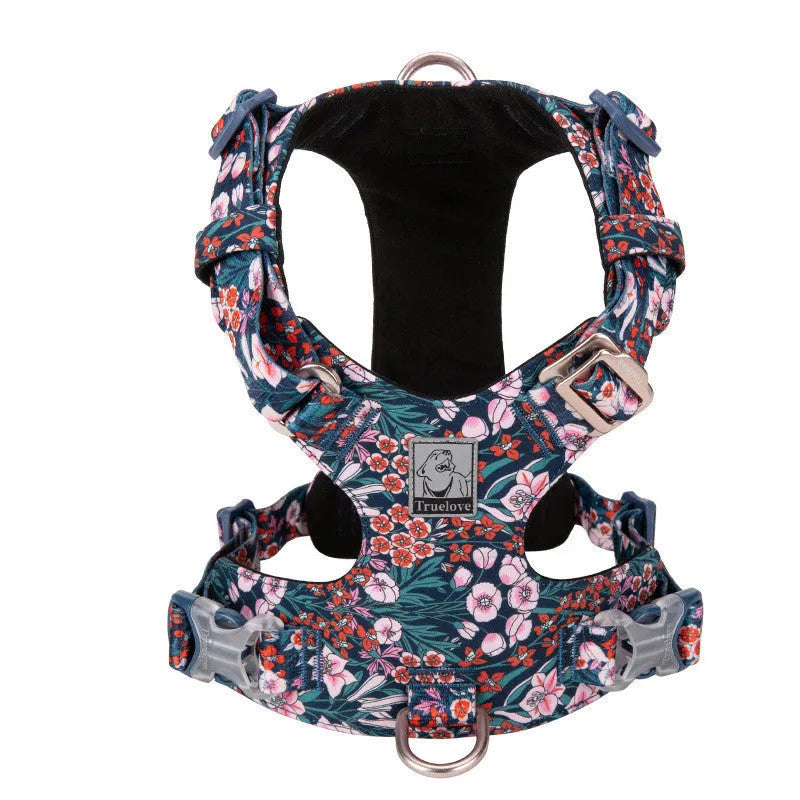Floral pattern dog harness with chest strap and pull-resistant design in pure cotton