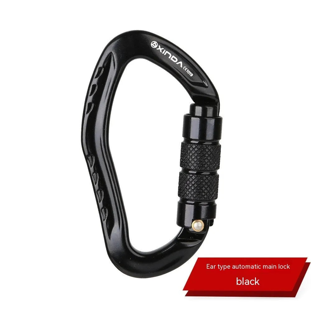 Automatic master lock climbing carabiner hook in colours black, blue, orange, red, silver.