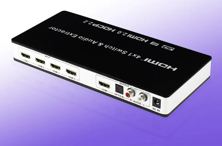 Black HDMI audio extractor switch with 4 input ports and remote control for home entertainment systems