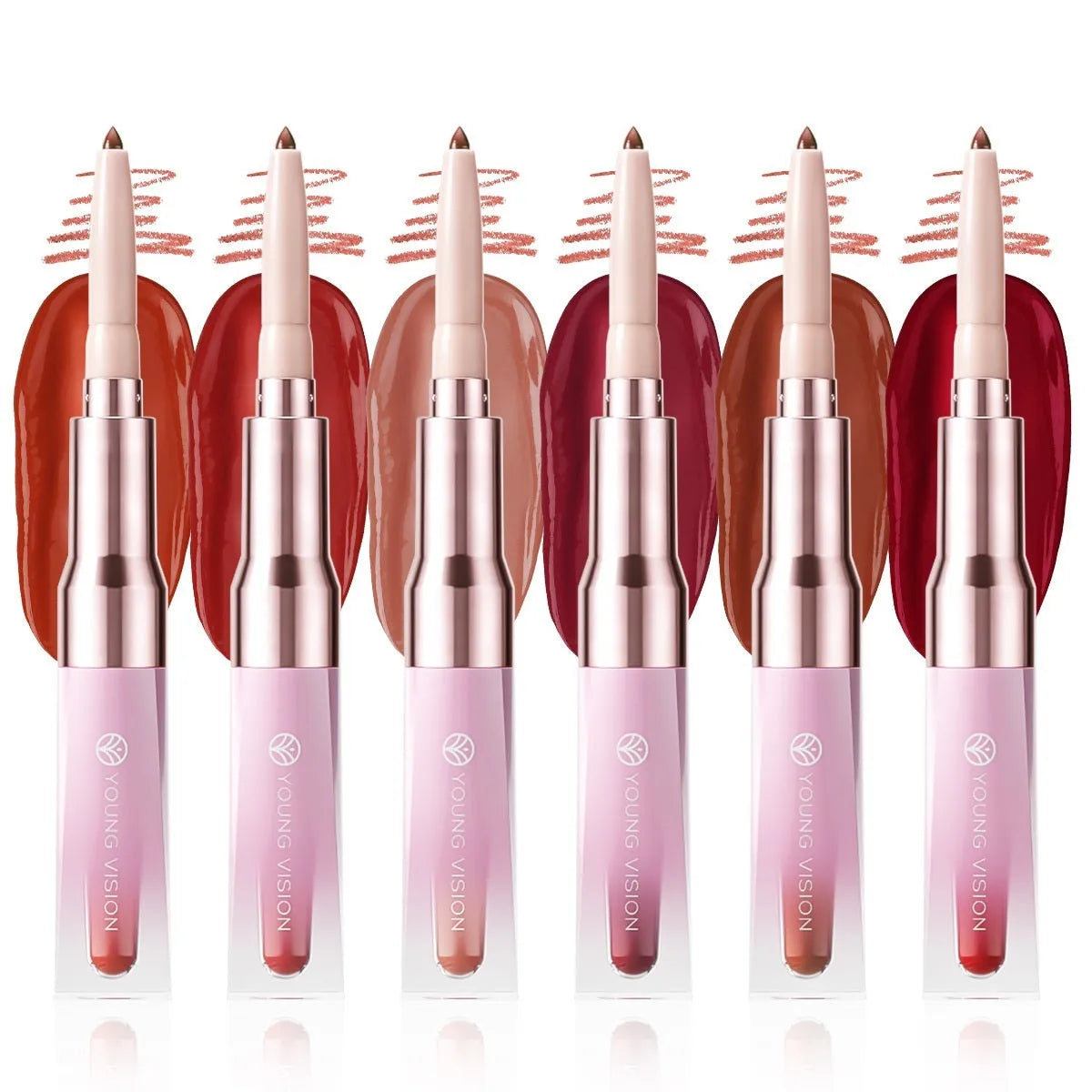 Double-headed lip liner and mirror lip gloss two-in-one with natural stereo effect, six colour options