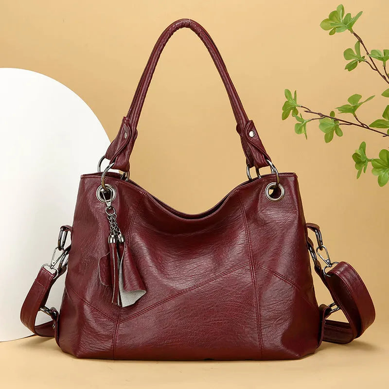 Retro large capacity soft PU stitching handbag in black, brown, coffee, wine red, with sandwich pocket and internal organisation