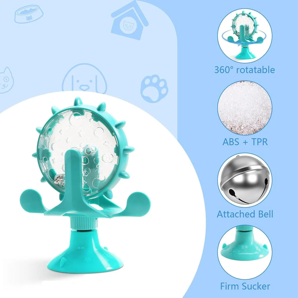 Interactive rotating pet slow feeder toy with sucker base in blue, green, red or yellow colour