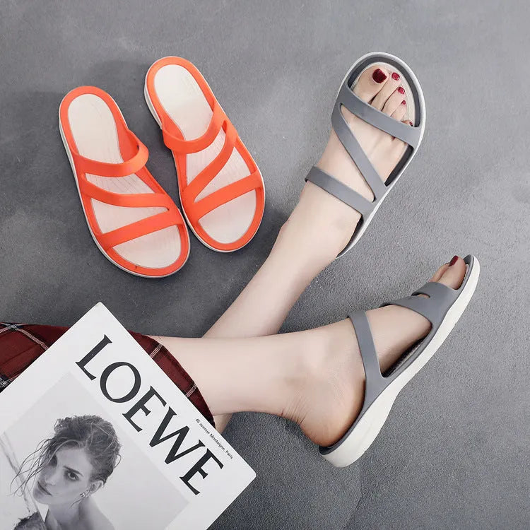 Solid colour women's casual beach sandals made from breathable PP material on a summer background.