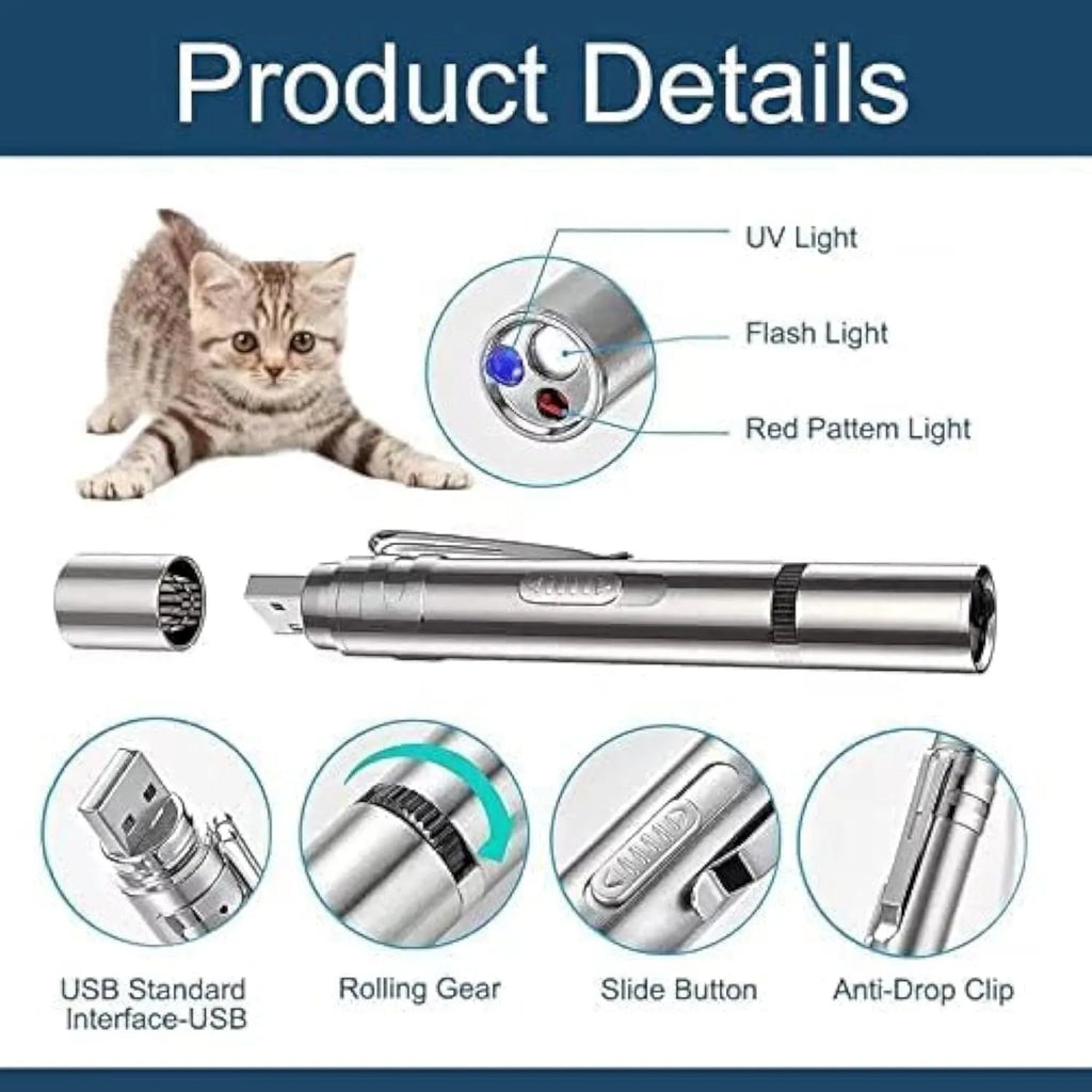 Silver aluminium alloy cat toy pointer with USB charging and multiple light patterns for indoor play