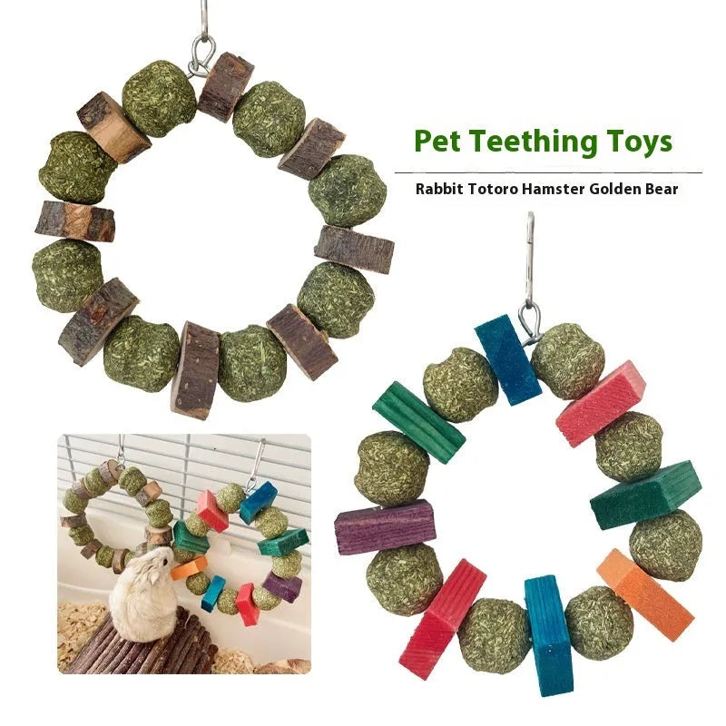 Hamster chew toy with decorative straw ball ring on wooden ring for small pets