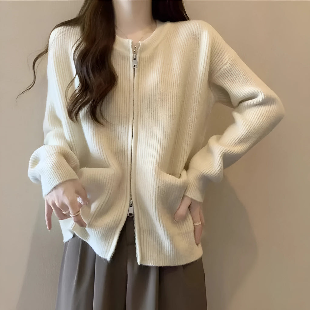 Soft wind glutinous sweater coat cardigan in viscose fabric available in beige, grey, black, and khaki colours