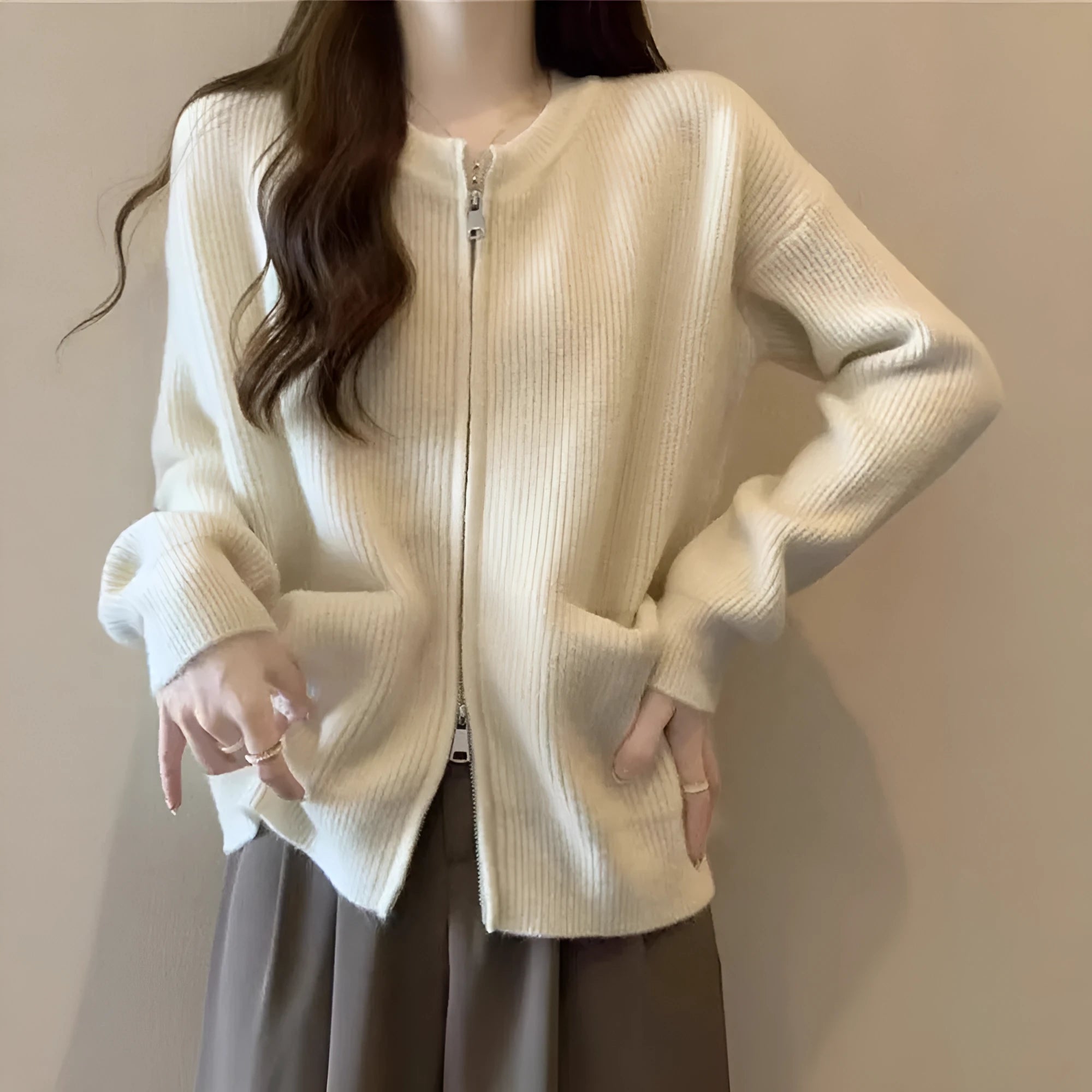Soft wind glutinous sweater coat cardigan in viscose fabric available in beige, grey, black, and khaki colours