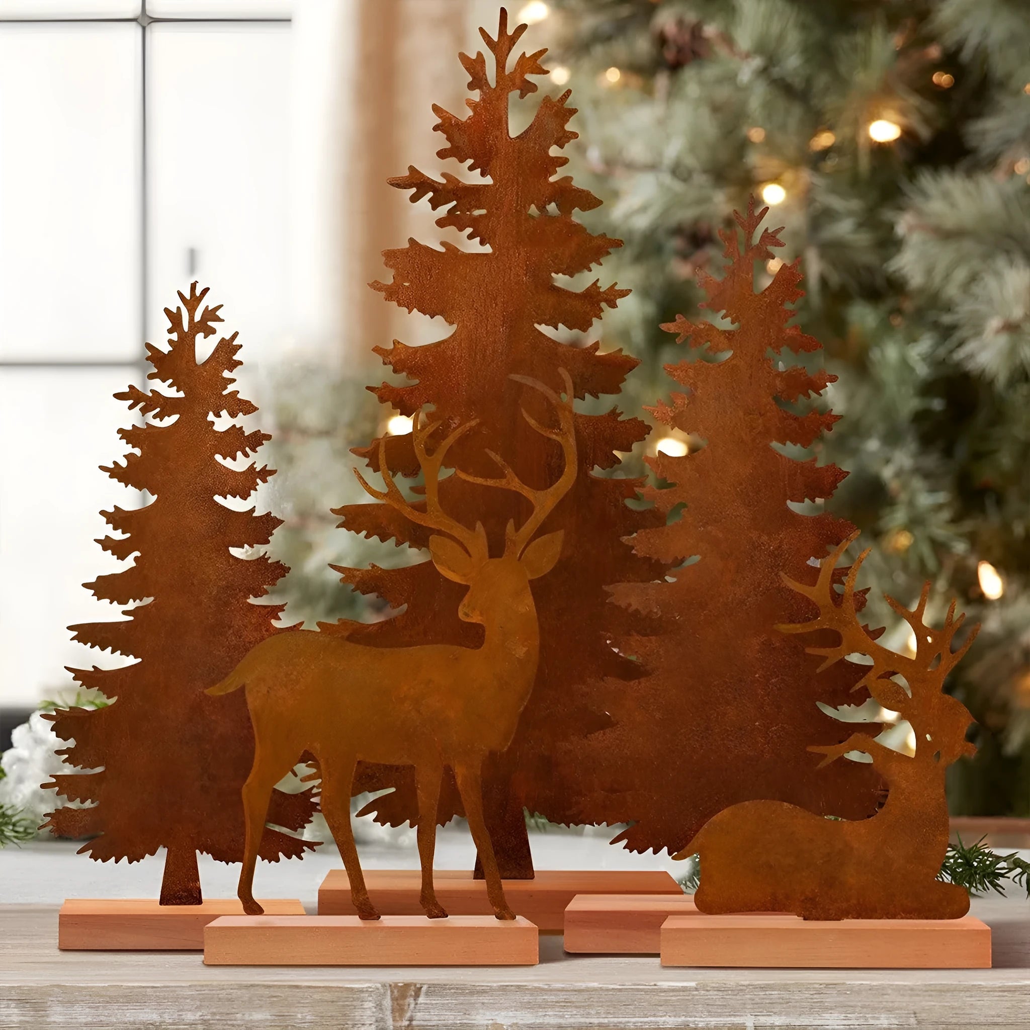 Set of three metal rusty Christmas tree elk decorations in American style for holiday display