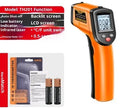 High precision infrared thermometer for industrial use, handheld device in black and orange