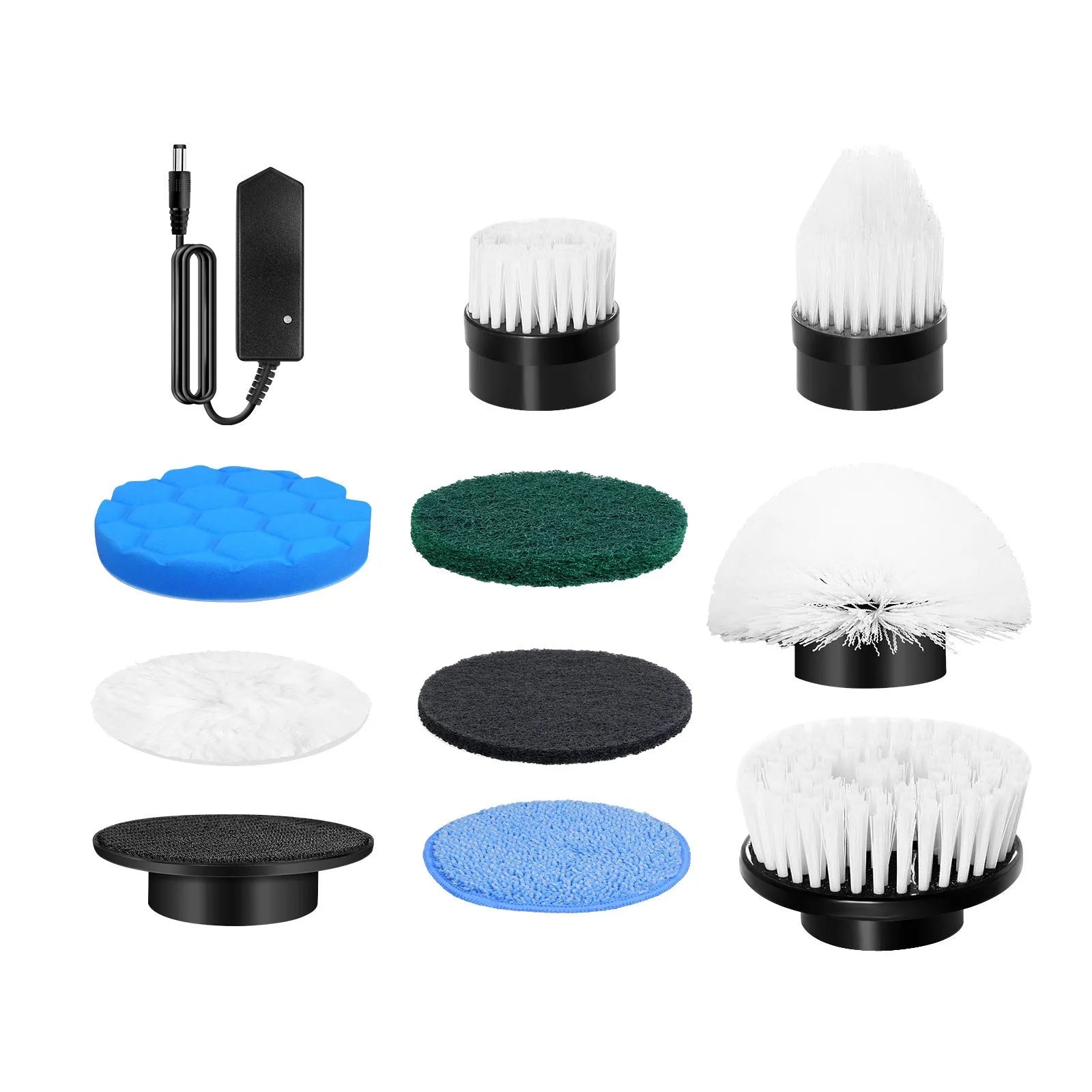 White handheld rechargeable cleaning brush with lithium battery and accessories