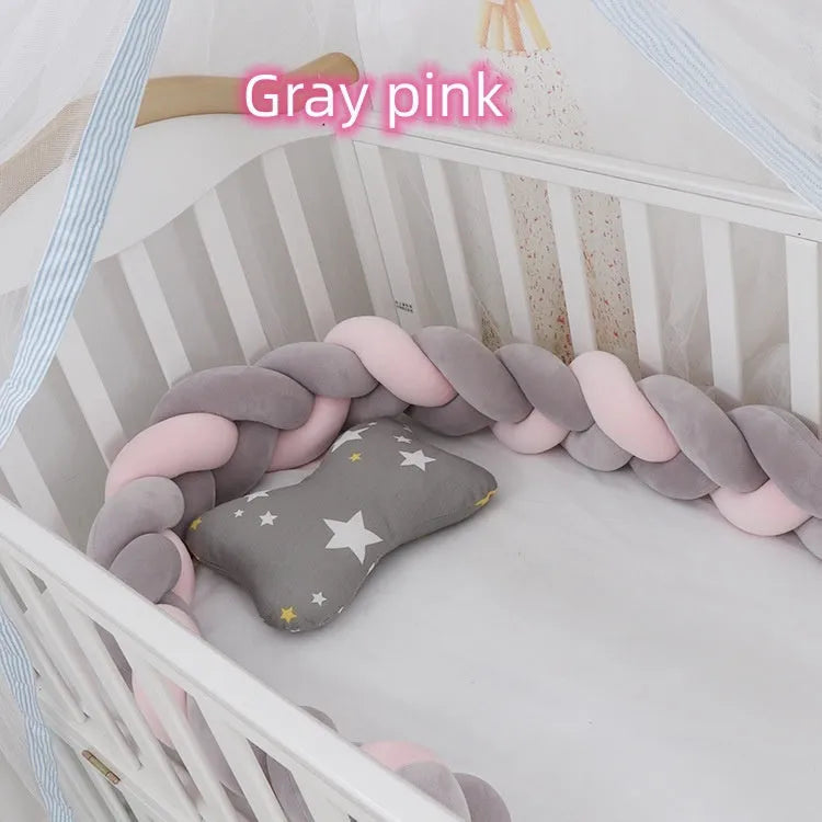Braided knot baby crib bumper pillow in spandex velvet showing bendable design and colour options.