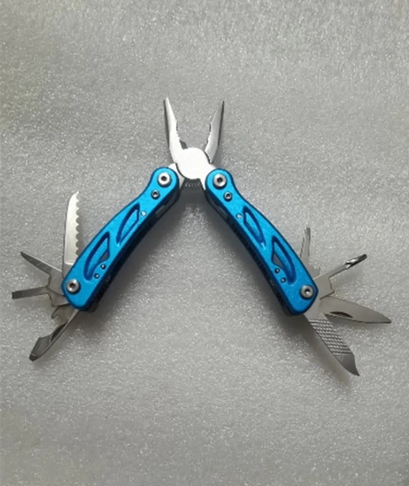 Blue outdoor portable multi-function pliers fruit knife with stainless steel 420 aluminium construction and Oxford bag