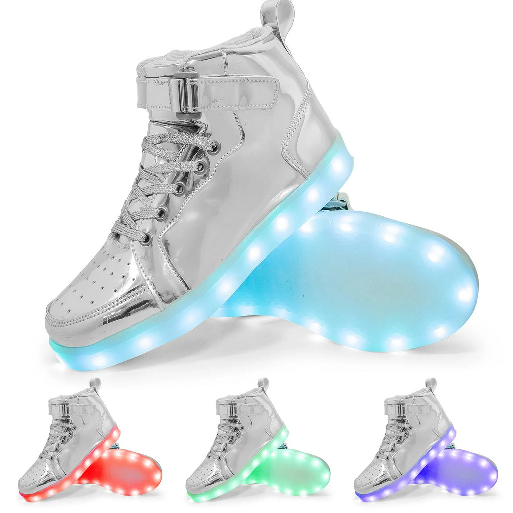 Pair of black high-top shoes with velcro strap and glowing LED lights on the soles.