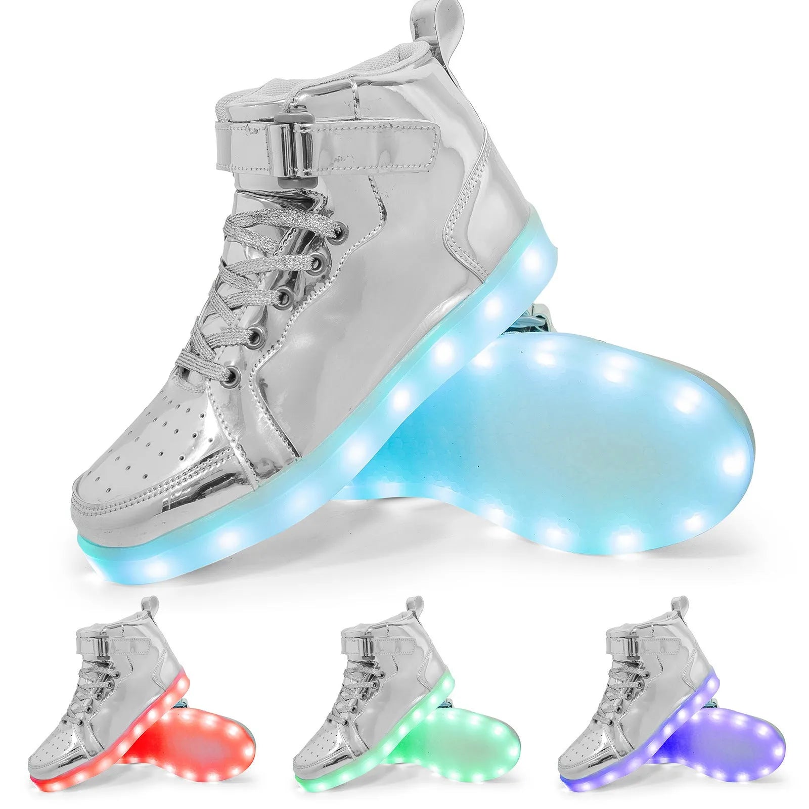 Pair of black high-top shoes with velcro strap and glowing LED lights on the soles.