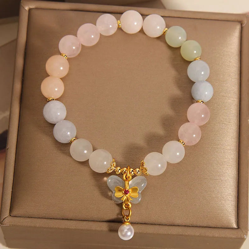 Women's morganite bracelet with colourful crystal jade beads and butterfly pendant in candy colours