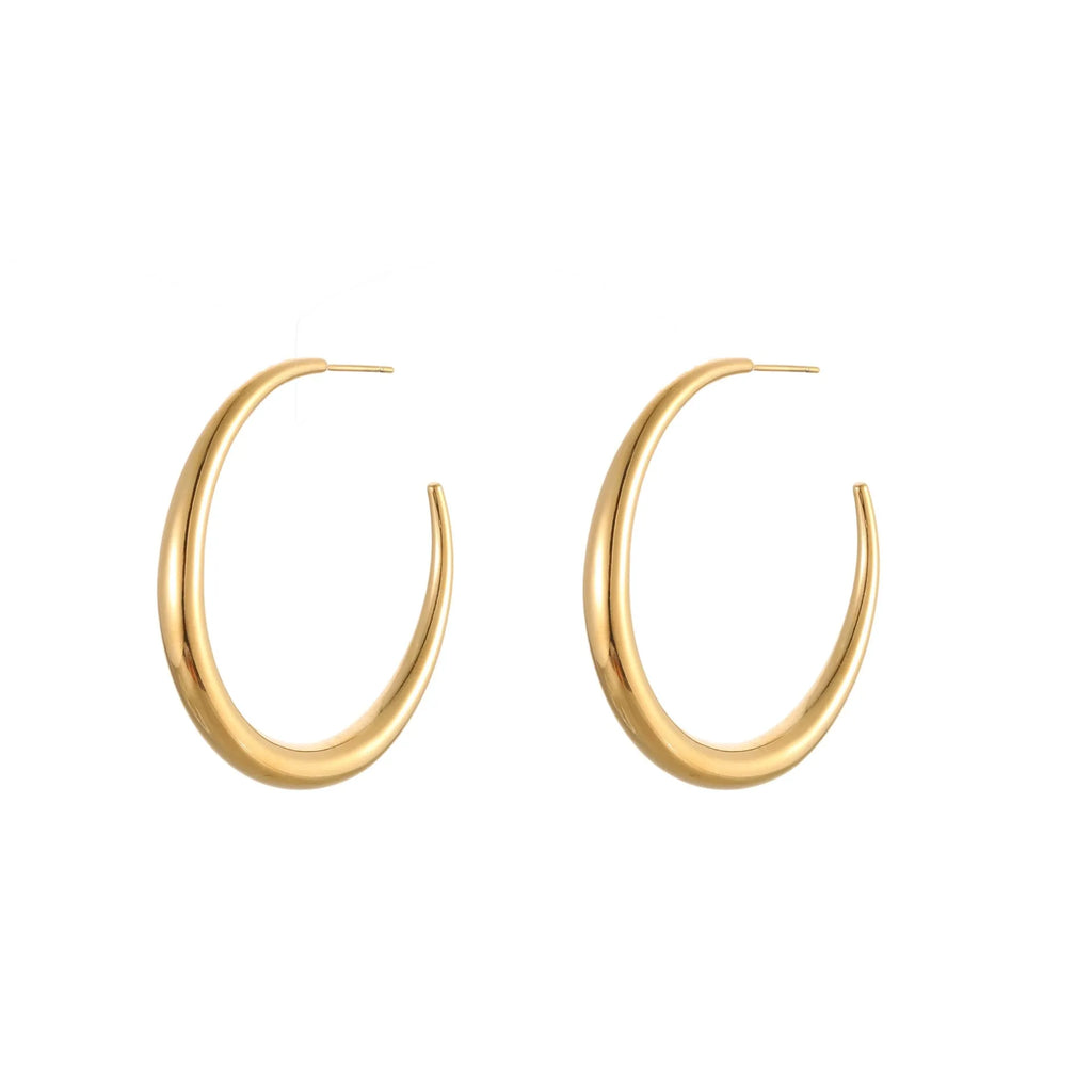 Simple round titanium steel hoop earrings for women in gold and steel finishes, shown in large and small sizes.