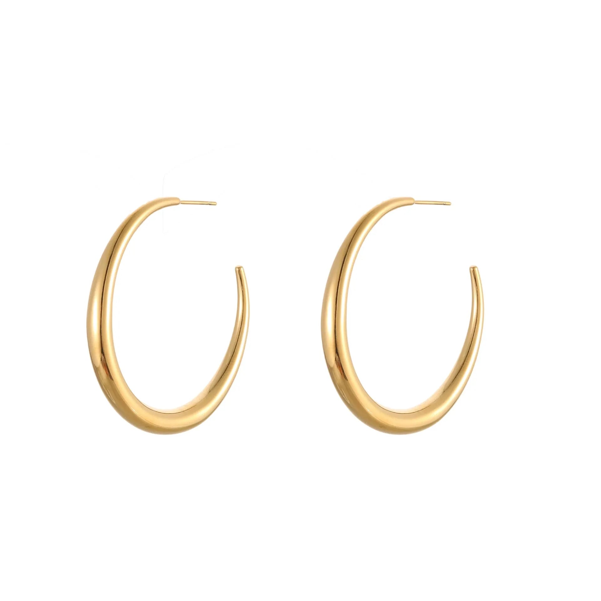 Simple round titanium steel hoop earrings for women in gold and steel finishes, shown in large and small sizes.