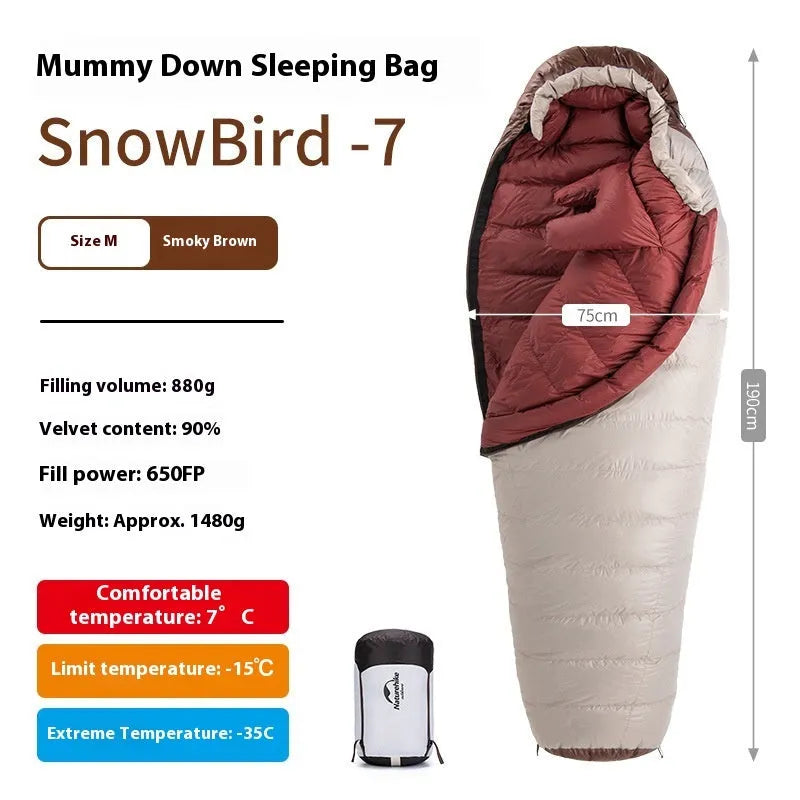 Mummy-style goose down sleeping bag for adults in a storage bag, showing size label options.