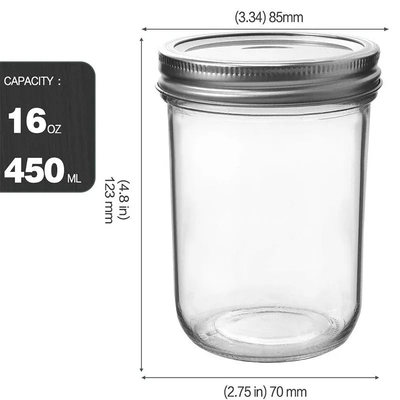 16oz glossy transparent soda lime glass wide mouth sealed jar 6 pack